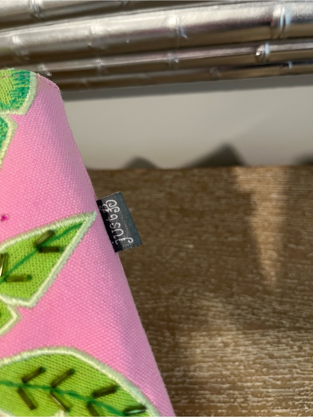 Pink & Green Palm Print Canvas Tote Bag or beach bag! With embellished beading! - Picture 4 of 4
